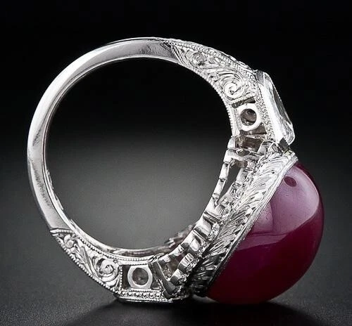 26 Carat Oval Cabochon Ruby & Round CZ Engagement Vintage 925 Silver Women Ring - Image 4 of 4