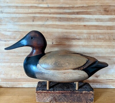 Tom Taber Canvasback Duck Decoy Glass Eyes Pyrography Signature Early 2000s VTG