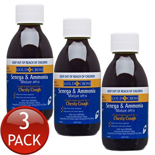 3 x Gold Cross Senega & Ammonia Chesty Throat Relief Cough Liquid Syrup