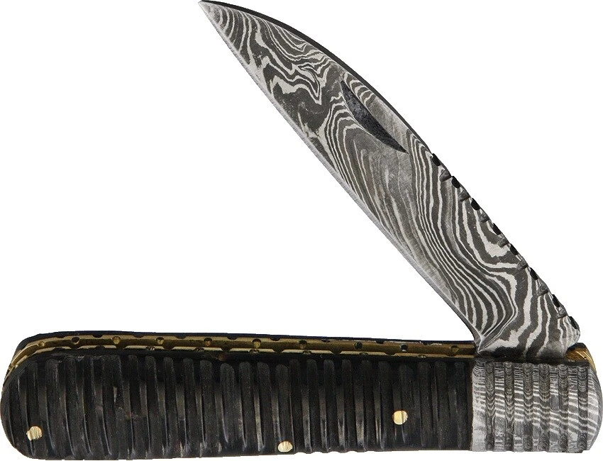 Damascus Steel Blade Pocketknife Horn Handle Collectible Modern Factory Manufactured Folding Knives
