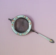 Antique Sterling Silver Enamel Tea Strainer Floral Crown Mark Art Nouveau