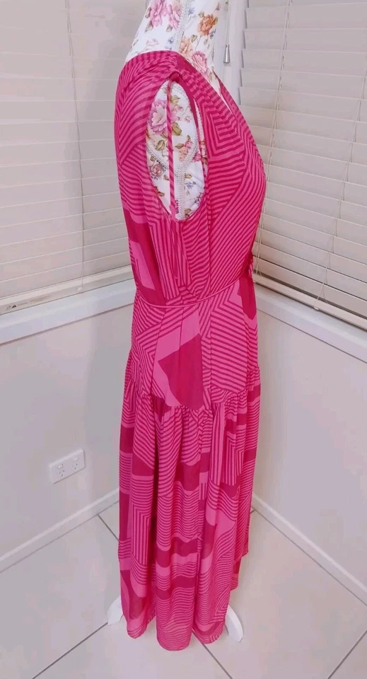 Veronika Maine Raspberry Pink Geometric Midi Dress size 10 NWT $329 Party Summer - image 2 of 4