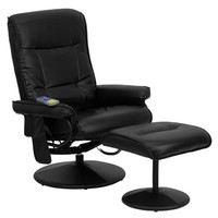 Massaging Black Leather Recliner And Ottoman With Leather Wrapped Base Massaging Black Leather Recliner And Ottoman With Leather Wrapped Base