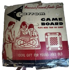 1963 Carrom Game Board with Original Box, Sticks, All Game Pieces No Manual #106