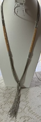 Multi-Strand Chain & Bead Tassel Lariat Necklace W/Silver Tone Hoop Earrings