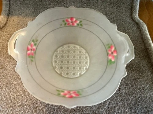 Vintage Depression Era - 8" Frosted Glass Bowl w/ Pink Hand Painted Flowers