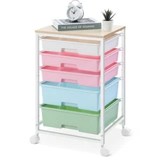Utility Cart with 5 Drawers,Storage Drawer Cart with Wooden Tabletop and Lock...