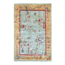 5'10"x9' Green Chinese Art Deco Inspired Peshawar Hand Knotted Wool Rug 22356