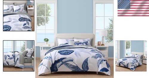 Coastal 7-Piece King Comforter Set - Elegant Tropical Leaves for Serene Bedrooms - Picture 2 of 10