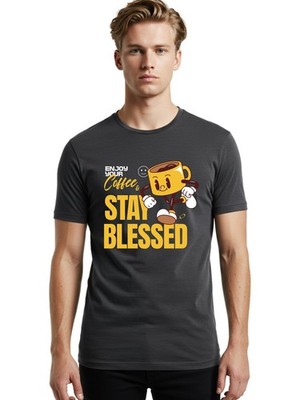 Enjoy-Your-Coffee-Stay-Blessed Mens Graphic Tee,100% Cotton,Casual Summer Wear