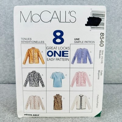 McCalls 8540 Unlined Jacket and Pullover Top Misses Size M 12 14 Sewing Pattern