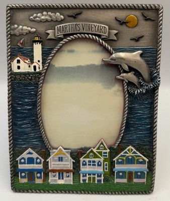 Martha s Vineyard Lighthouse Dolphins Pewter Picture Frame Souvenir