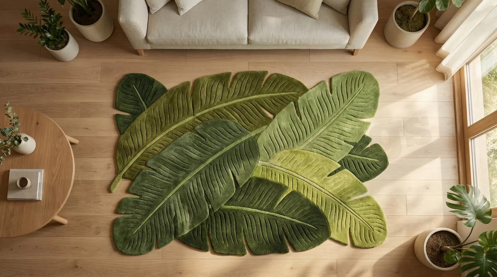Hand Tufted Green Leaf Shape Wool Rug | Tropical Botanical Modern Area Carpet