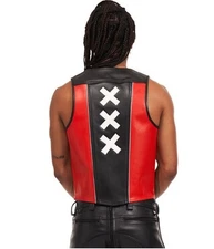 Men Leather Vest Black With Red Accent Cowhide Leather Gay Fetish Bar Vest