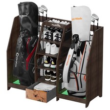 Golf Bag Storage Organizer for Garage, Premium Wooden 2 Golf Bags Rack with D...