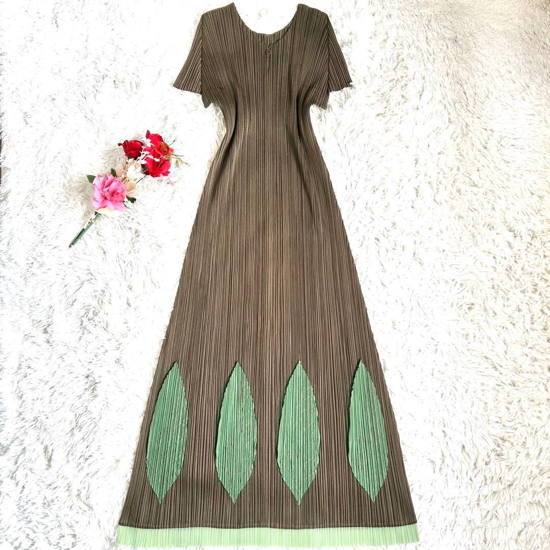 PLEATS PLEASE ISSEY MIYAKE Leaf Print A-Line French Sleeve Maxi Dress Green XXL