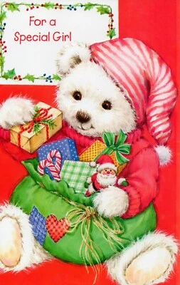 Cute MERRY CHRISTMAS Card FOR YOUNG GIRL, Teddy Bear Toy by Gallant Greetings +✉