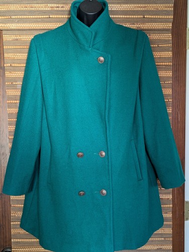 Vintage XL 12-14 Emerald Green Wool Double Breasted Gold Button Swing Peacoat - Picture 3 of 19