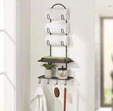 mDesign Bathroom Towel Rack Organizer Shelf with 10 Hooks Wall Mount Metal