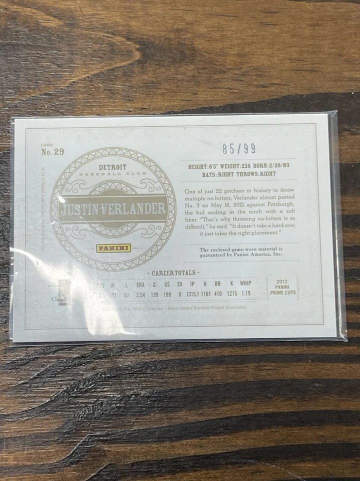 2012 Playoff Prime Cuts Justin Verlander #29 Detroit Tigers Sport Trading Card - Image 2 of 2