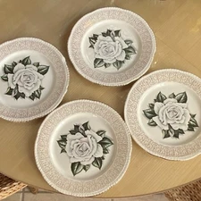 Homer Laughlin WHITE WINDSOR ROSE 4 DINNER PLATES FLAWS & CHIPS see photos