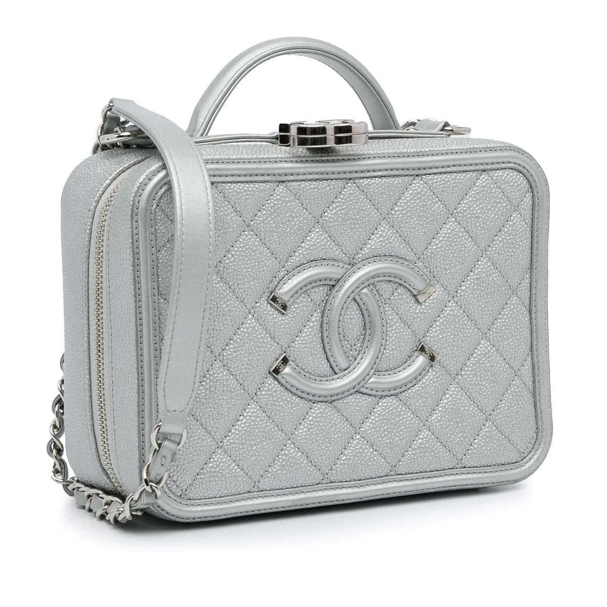 Authenticated Chanel Medium CC Filigree Caviar Vanity Case Silver