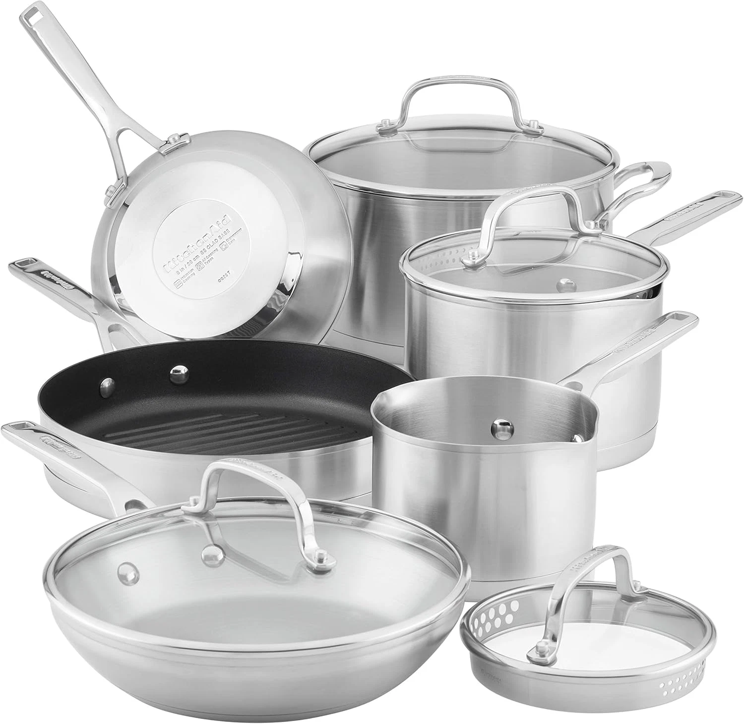10-Piece Brushed Stainless Steel Induction Cookware Set with Nonstick Grill Pan