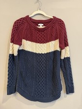 LL Bean Signature Fisherman Sweater Womens Large Colorblock Cable Knit Tunic 3D