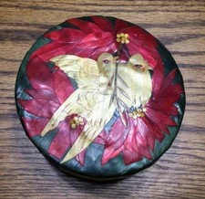 Pointsettia  & Dove Folk Art Wood Straw Marquetry Jewelry Trinket Box Laquer 5"W