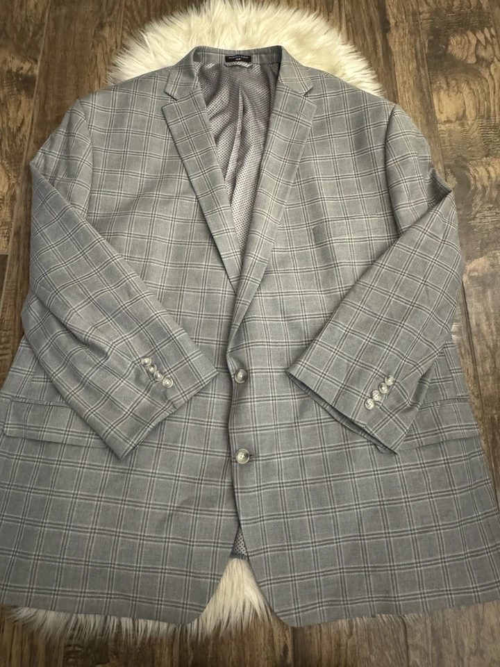 Shaquille O’Neal XLG 58L Suit Sport Coat Jacket Gray Blue Windowpane Plaid - Image 2 of 4