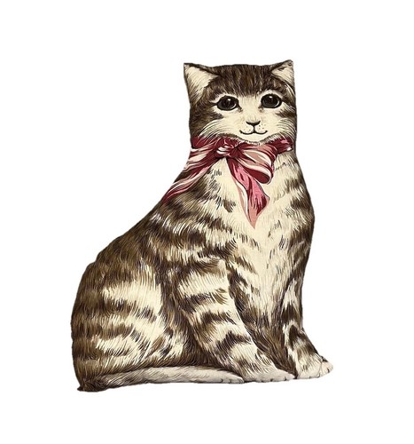 VTG Tabby Cat Shaped Pillow 3D Cottage Country Granny Kitsch Kitty Kitten Bow