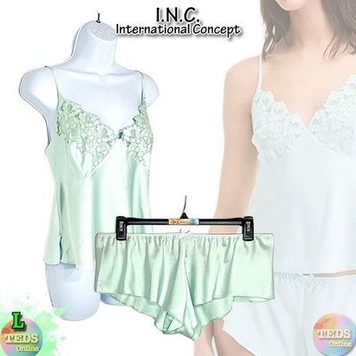 INC International Concepts L Lace-Trim Satin Cami Flutter Short Set 100200827