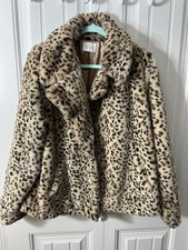 Jaclyn Smith faux fur Leopard Print Lined Mid-Length Jacket Beige Black Women