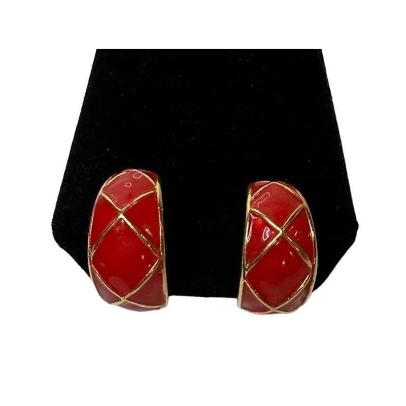 Red Enamel Hoop Earrings Gold Tone Clip On Statement Jewelry - Image 3 of 4