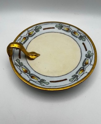 T&V Limoges Porcelain Decorative trinket dish Gold Handle Floral Border 