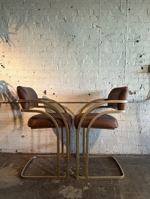 Vintage Leather Stools Cal Style Milo Baughman MCM Brass Gold Modern Cantilever