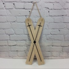Wooden Snow Skis Wall Hanging Lodge Decor Rustic Cabin Winter Rope Hanger