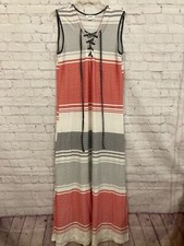 Exist Women's M Sleeveless Lace Up Striped Long Maxi Dress stretch Coral Gray
