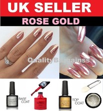 ROSE GOLD CHROME HOLO POWDER MIRROR NAILS NO WIPE TOP COAT RED UV GEL PIGMENT UK