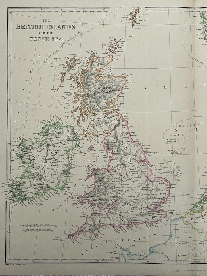 Mapa antiguo coloreado a mano de las Islas Británicas de 1860 de G.W. Blackie Foto 2 de 3