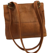 Tan Beige Leather Shoulder Bag Block Compartments Adjustable Handle Purse