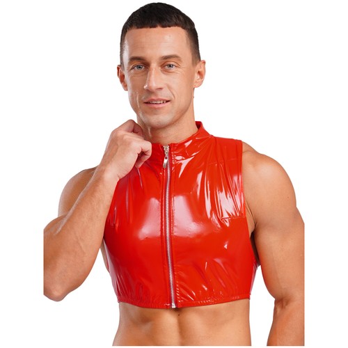 UK Mens Glossy Cropped Vest Wet Look Patent Leather Crop Top Shirt Clubwear Tee - Picture 29 of 91