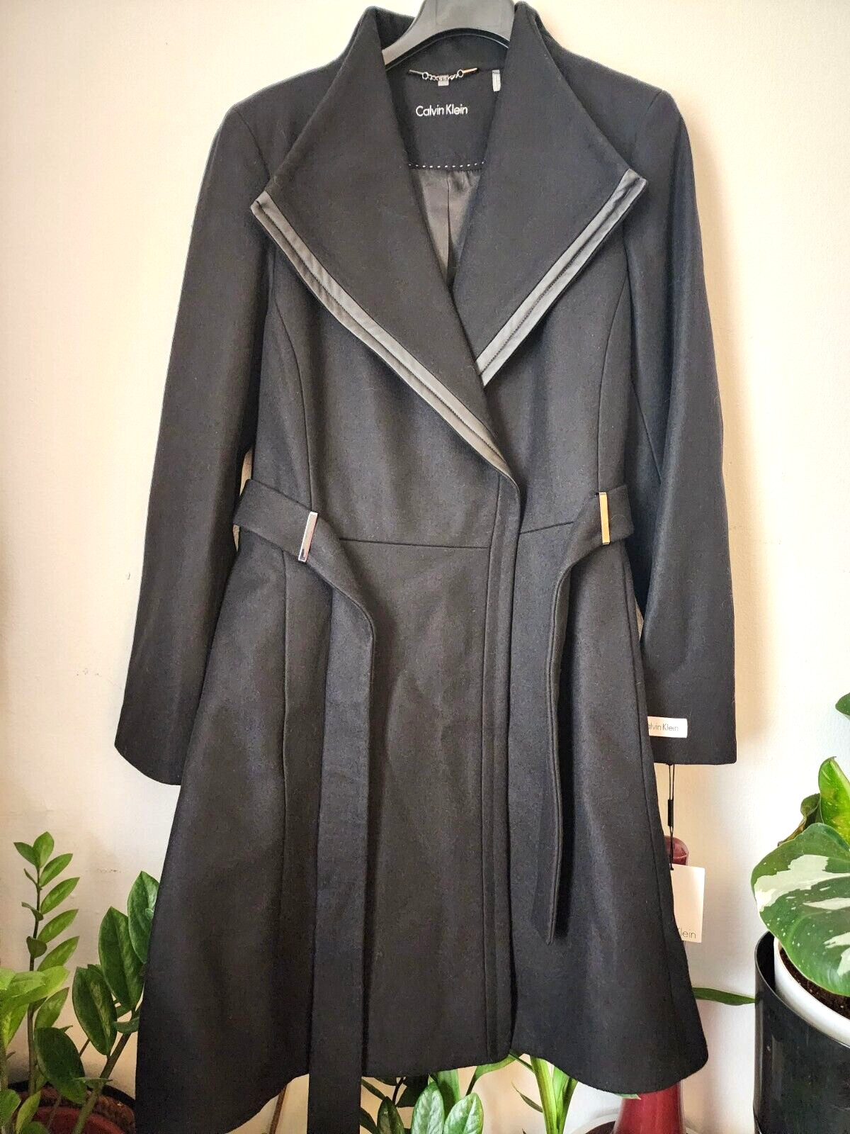 Womens Black Calvin Klein Asymmetrical Belted Wool Blend Wrap Coat Size 14
