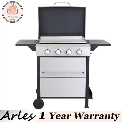 4-Burner Propane Gas BBQ Grill w/ Side Burner Output BBQ w/ SS Plancha 49200BTU