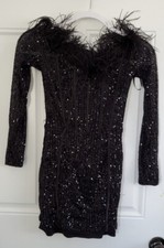 Fashion Nova Black Sequined  Feather Trim Cocktail Dress - Size XS