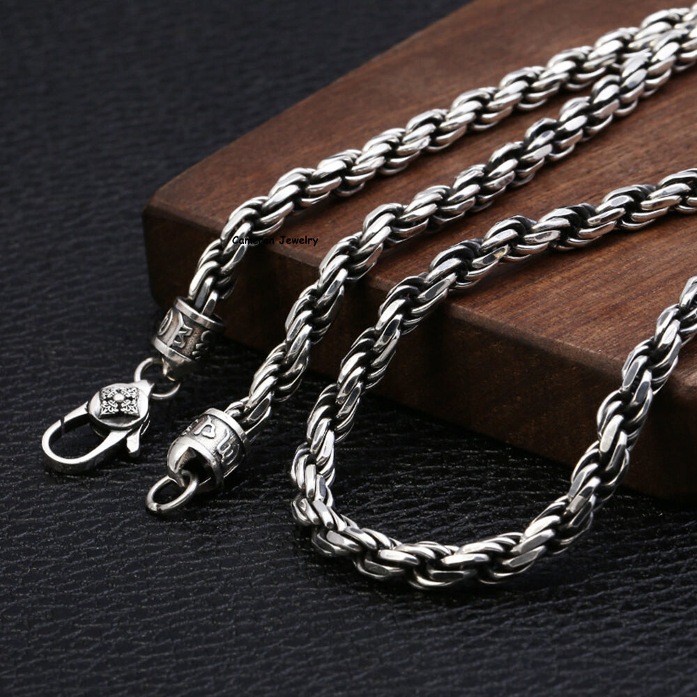 Pure S925 Sterling Silver Chain Men 5.5mm Twist Rope Link Necklace