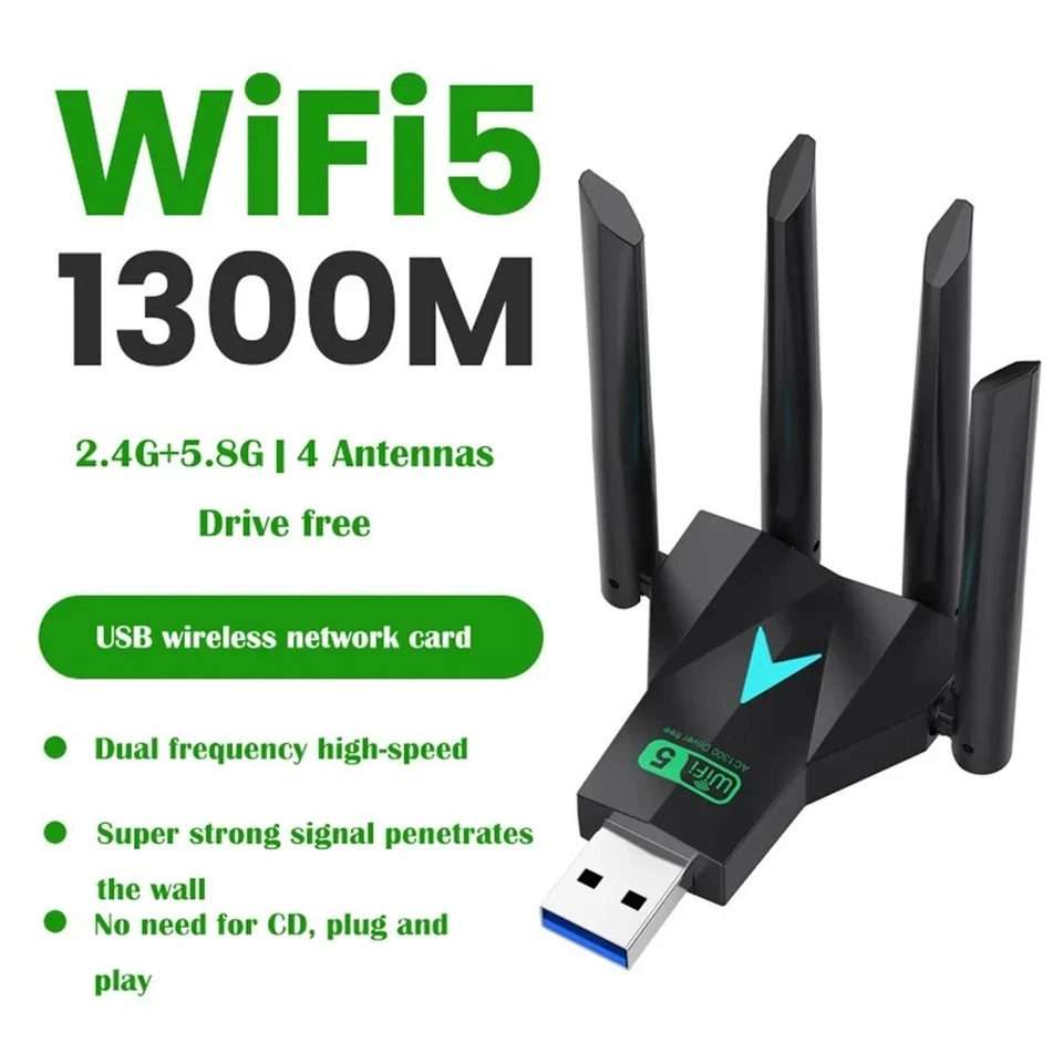 High Speed USB 3.0 Wireless WiFi Adapter 1300Mbps Dual Band Long Range Dongle - Image 2 of 4