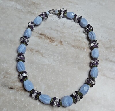 Blaue Spitze Achat Perlen & Amethyst Halskette mit 925 Silber Knebel 19 Zoll Neu ohne Etikett