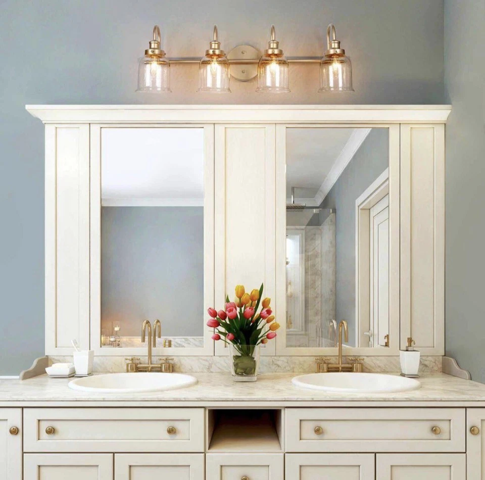 Gold Bathroom Light Fixtures, 4-Light Bathroom Vanity Light with Seeded Glass - Image 2 of 4