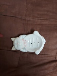 VTG Pottery Cat Soap Dish With Holes Pink And White
